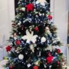 Umelý vianočný stromček 3D Jedľa Zasnežená 210cm s bielymi a červenými vianočnými ozdobami