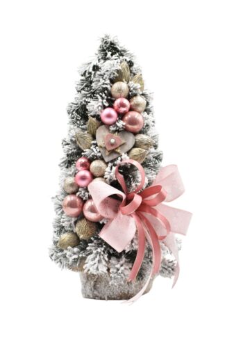 Zasneženo majhno božično drevo okrašeno Rožnato 50cm