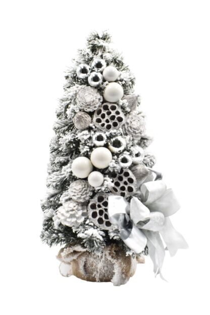 Zasneženo majhno božično drevo, okrašeno Srebrno-belo 50cm