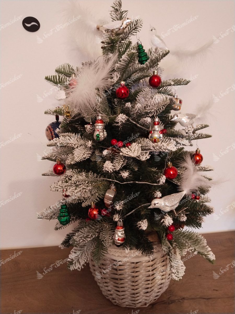 Vianočný stromček v kvetináči 3D Jedľa Zasnežená 80 cm ozdobený červenými vianočnými gulami a figúrkami.